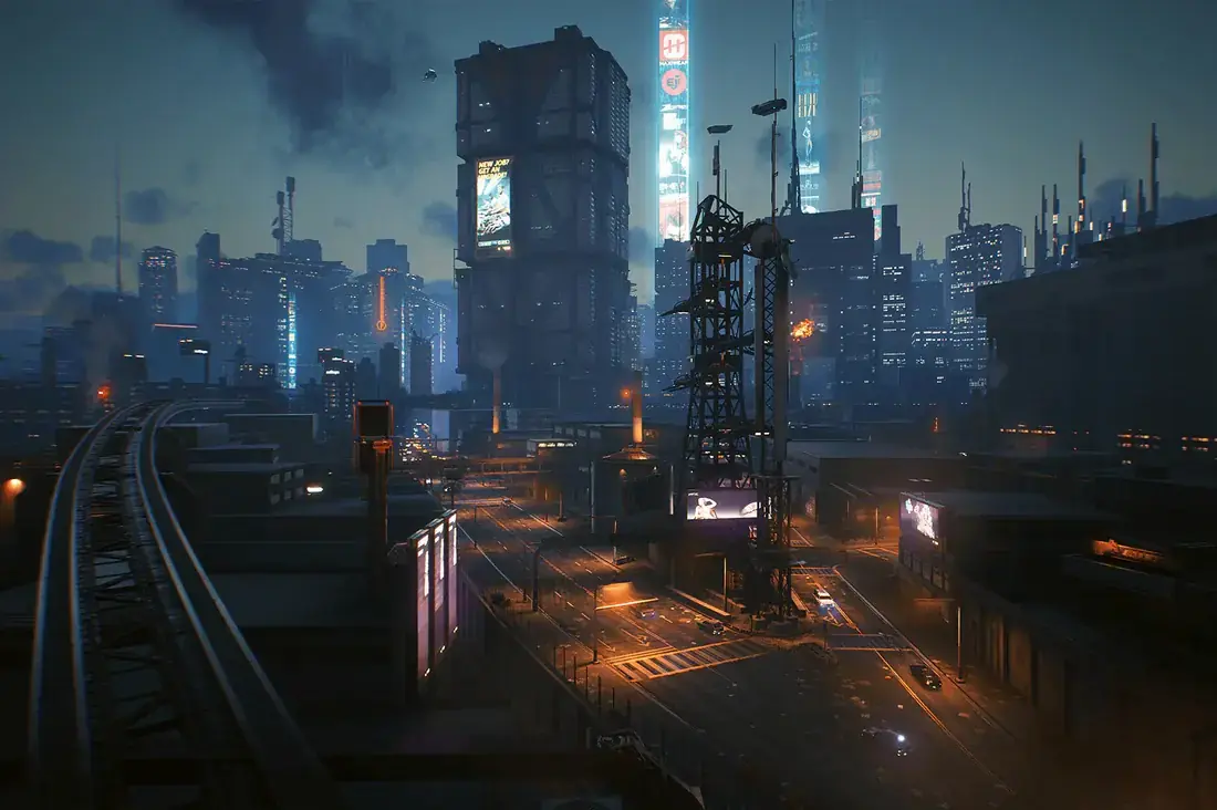 Concept art of a cyberpunk city skyline at night, with a monorail track winding past neon-lit towers