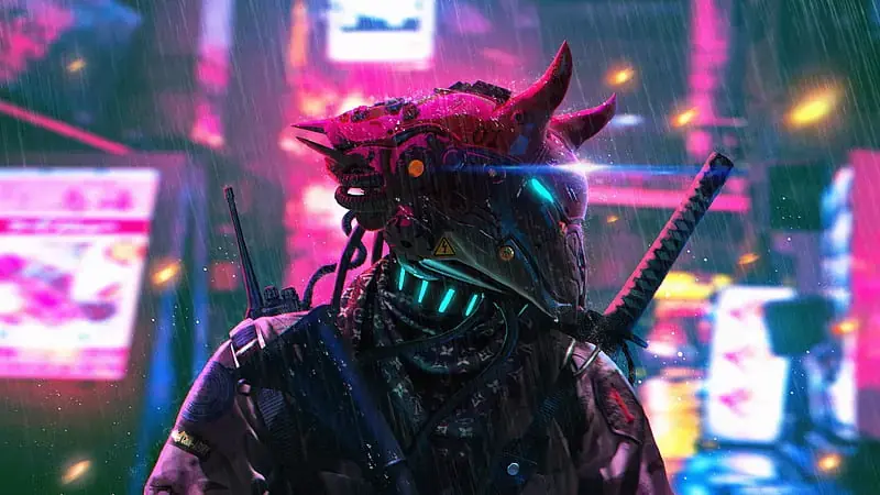 Character art of a cyberpunk samurai in an oni mask standing in neon-lit rain, katana on his back