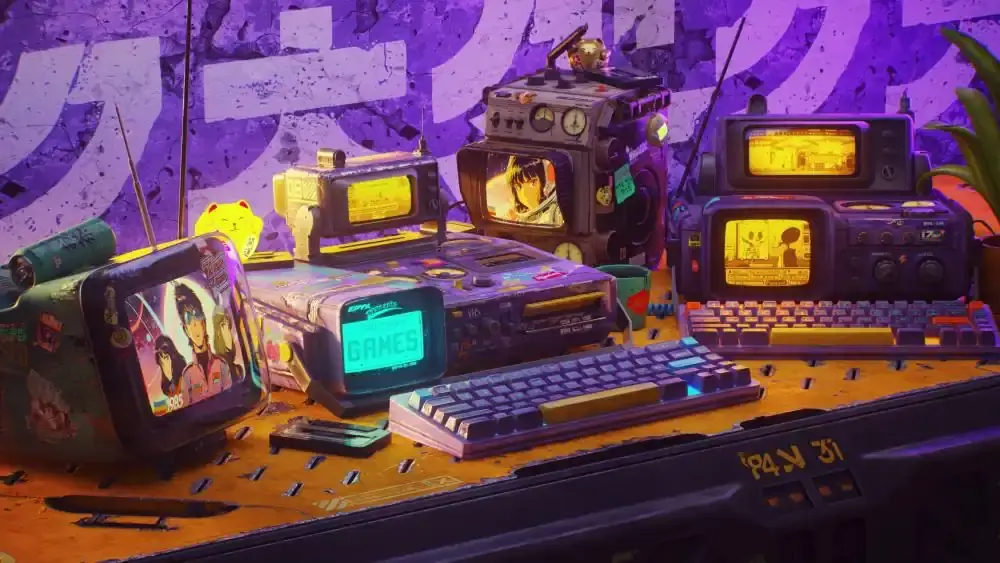 Stylized render of retro handheld consoles and keyboards glowing on a cluttered workbench